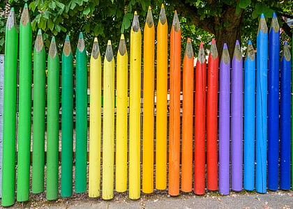 fence, colorful, kindergarten, pencils, lacquered wood, color, garden fence