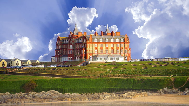 the headland hotel, newquay, uk, beach, sky, building, blue