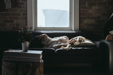 woman, sleeping, sofa, home, relaxing, break, interior