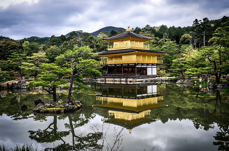 arkitektur, bygning, haven, gyldne pavilion temple, japansk, Kinkaku-ji, natur