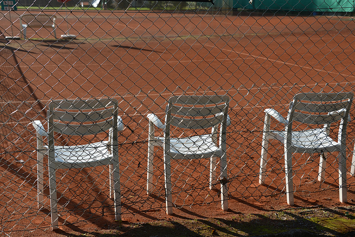 tennis, court de tennis, chaises, chaises de jardin, terrain de sport, lieu de téléspectateurs, court en terre battue