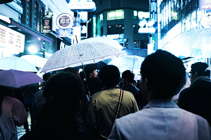 people, crowd, asian, men, women, rain, umbrella