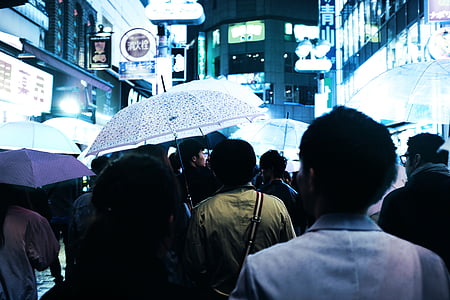 people, crowd, asian, men, women, rain, umbrella