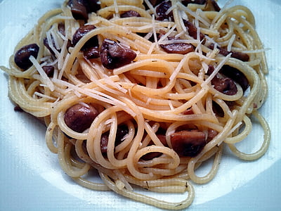 Spaghetti, pasta, champinjoner, nudlar, mat, maträtt, svampar