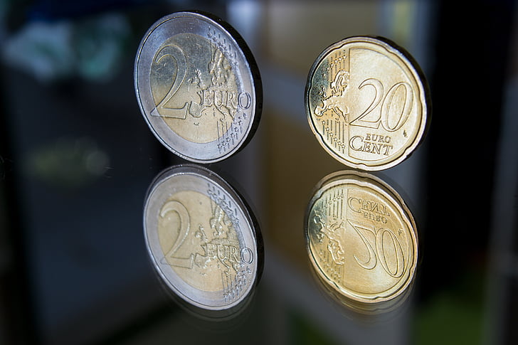 monedas, dinero, espejado, euros, céntimos de euro