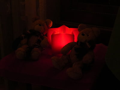 Vánoční hvězda, světlo, červená, záře, Teddy bears, tmavý, ponuré