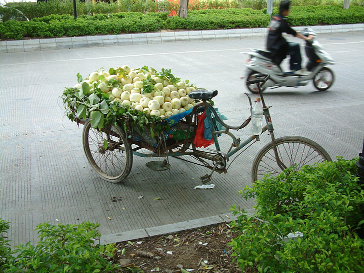 China, República Popular China, Guilin, verduras, bicicleta, calle, cultural