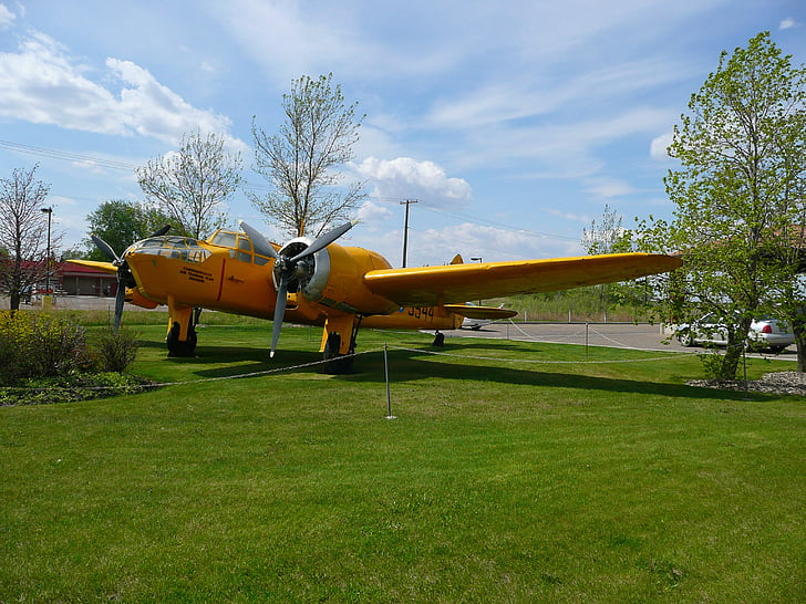yellow, two engine, propeller, plane, aircraft, fly, airplane