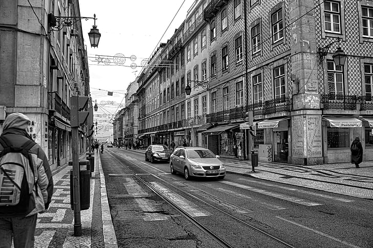 utca, Lisszabon, Portugália, város, autó, épület, séta