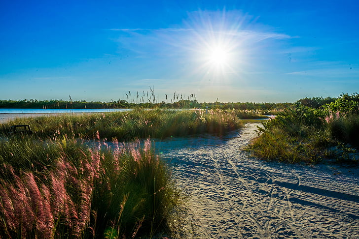 Tigertail beach, Marco Island, Sunstar, krajobraz, Natura, niebieski, zachód słońca
