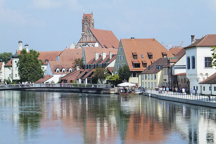 Landshut, Isar promenade, Isar, River, pankki, vesi, kirkko