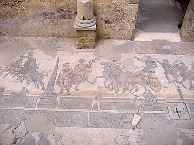 mosaikk, Piazza armerina, Sicilia, Enna restaurering, kunstverk, antikk
