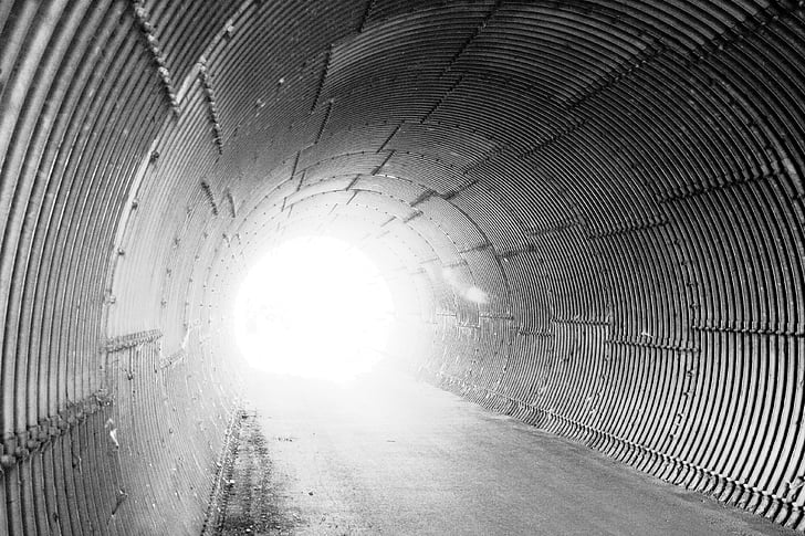 tunnel, light, corrugated sheet, away, underpass, hell, black And White