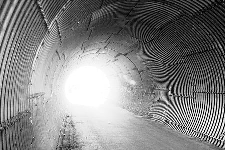 tunnel, light, corrugated sheet, away, underpass, hell, black And White
