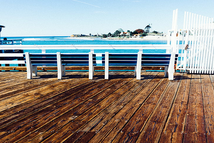 dve, biela, modrá, drevené, lavica, predné, Beach