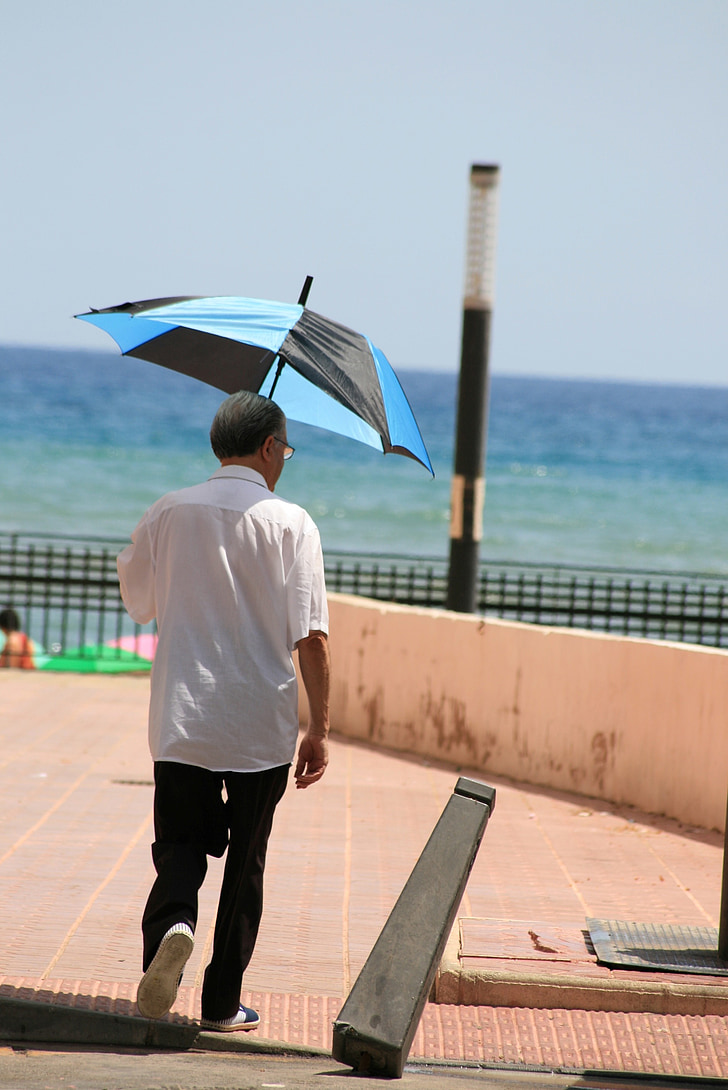 proteção solar, raio de sol, solar, homem, Voltar, Verão, guarda-chuva