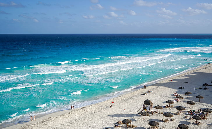 cancun, mexico, beach, huts, waves, tropical, travel