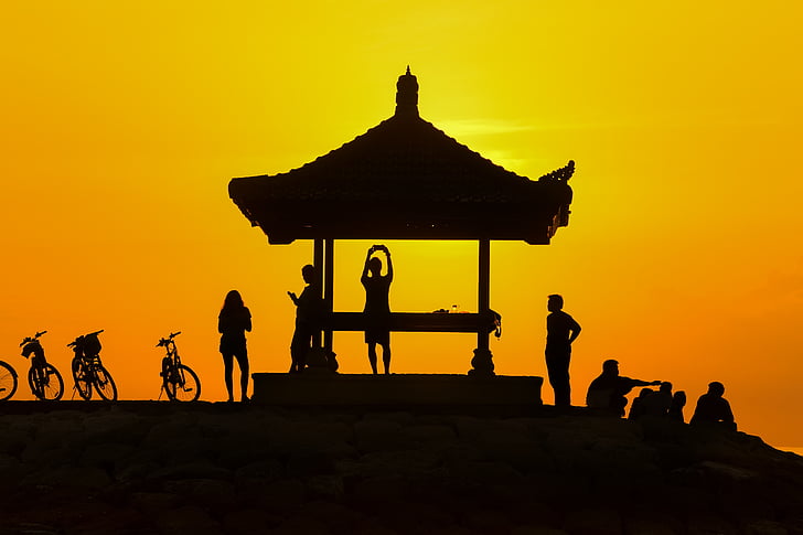people, silhouette, sunset, turret