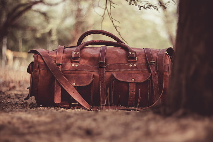 brown, leather, barrel, bag, ground, handbag, blur