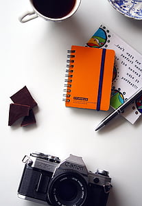 kamera, Canon, kaffe, Cup, skrivebord, Notesblok, pen