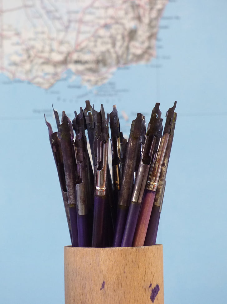šola, pero, črnilo, ustvarjalnost, umetnost, čopič