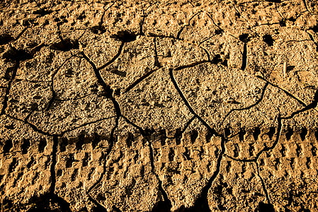 footprints, wheel, drought, cracks, mud, clay, earth