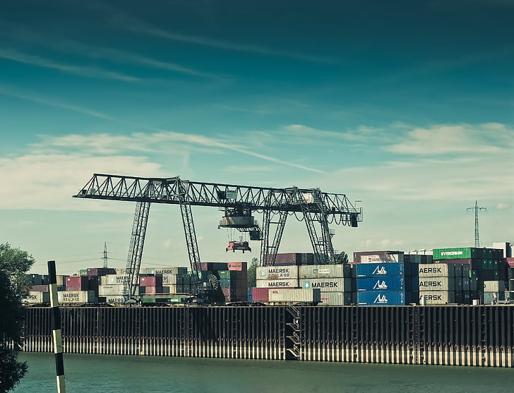 cargo, crane, harbor, harbour, port, shipping, water