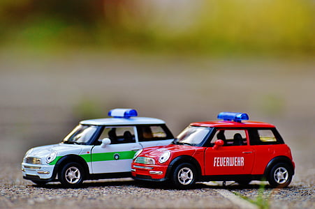 ogień, Policja, Mini cooper, Automatycznie, Model samochodu, czerwony, niebieskie światło