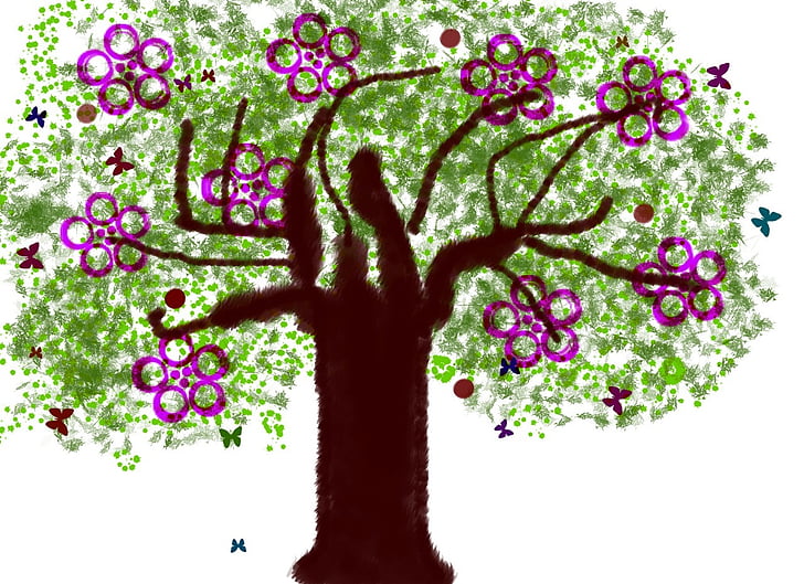 puu, kevadel, lilled, illustratsioon, vektori
