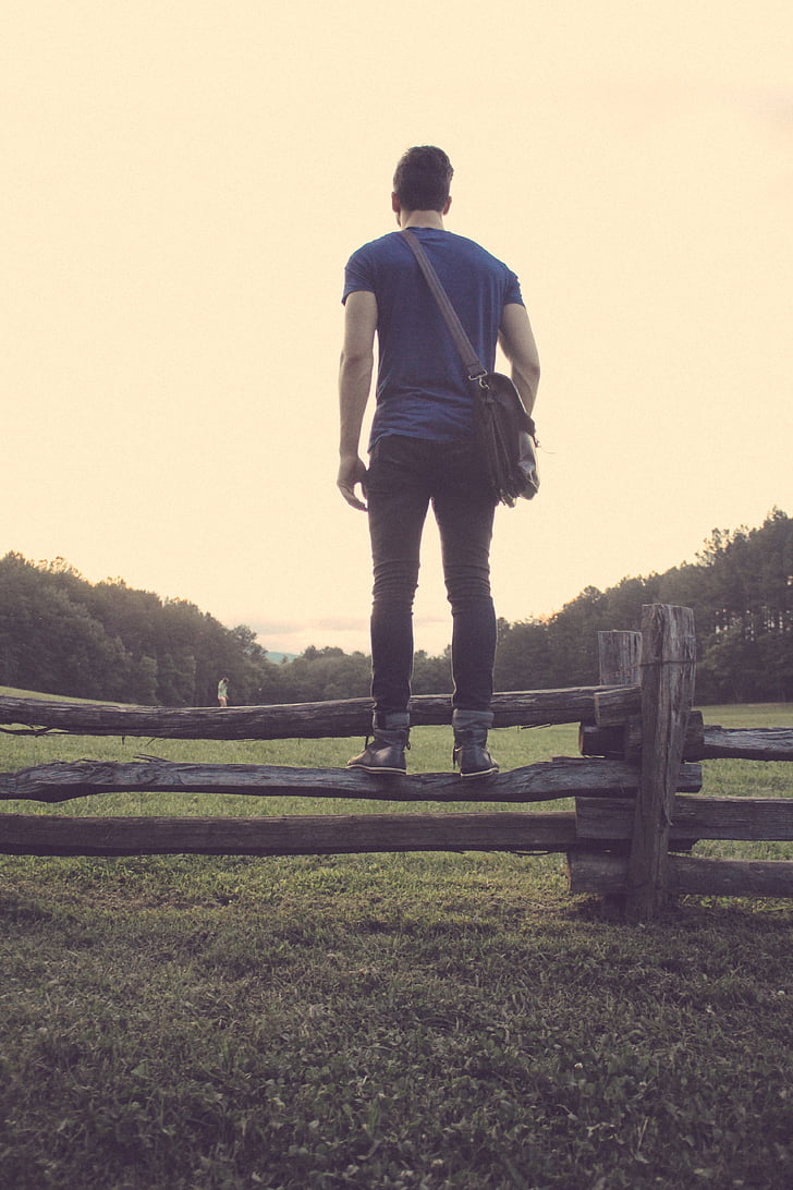 guy, fence, rural, grass, countryside, nature, fashion