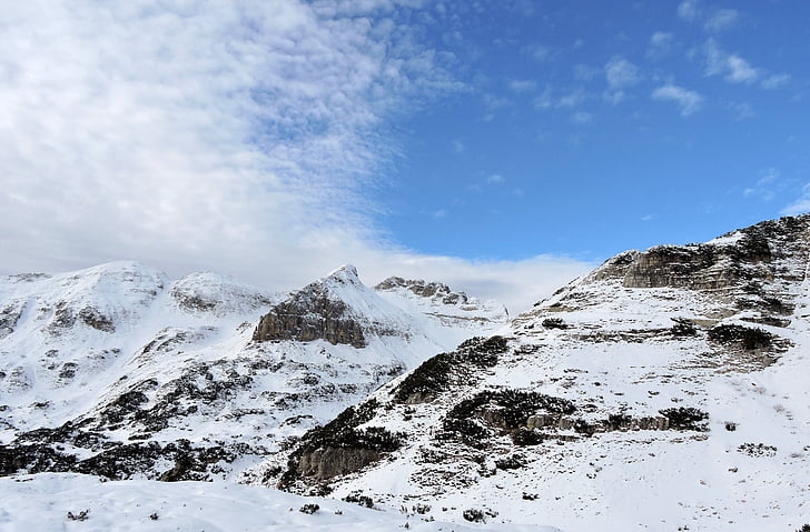 Dolomitas, montañas, nieve, pequeño, nubes, cielo, Alpes