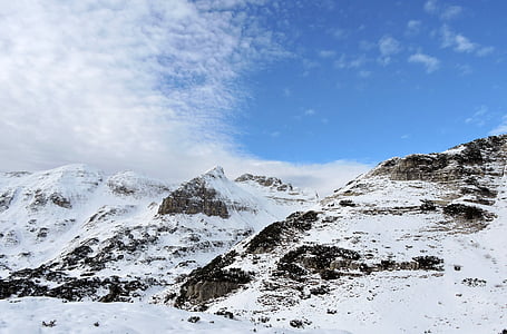 dolomites, mountains, snow, small, clouds, sky, alps
