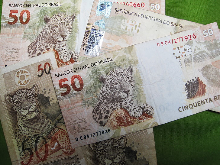 Brezilyalı banknotlar, elli gerçek notalar, faturaları, banknot, Brezilya, para birimi, kağıt para