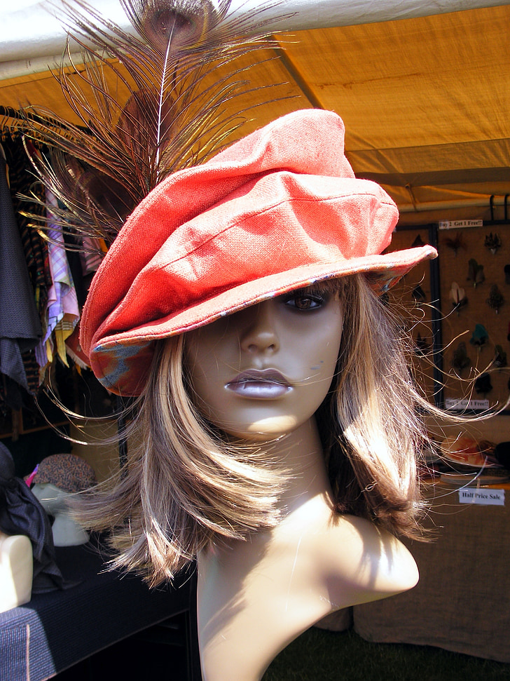 Mannequin, modelu, Głowica, kapelusz, pióro, Sklep, Sklepy tekstylne