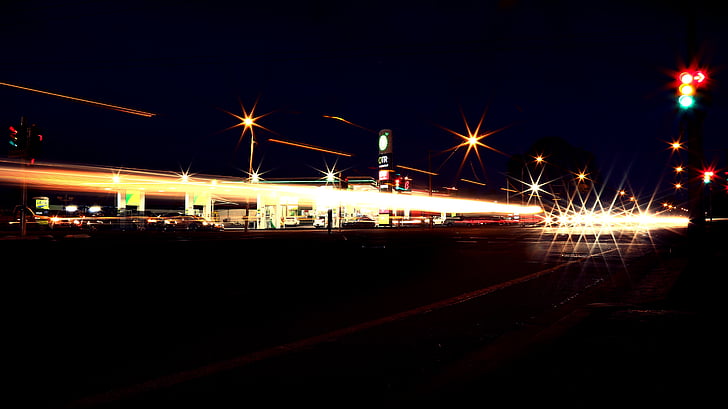time, lapse, photography, cars, gas station, service station, pumps