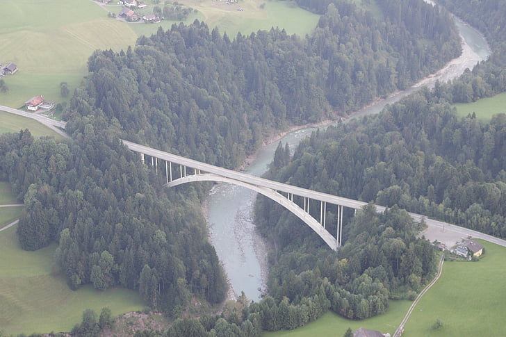 híd, Bregenzerwald, Lingenau, bungee, Légifelvételek, Vorarlberg, Föld