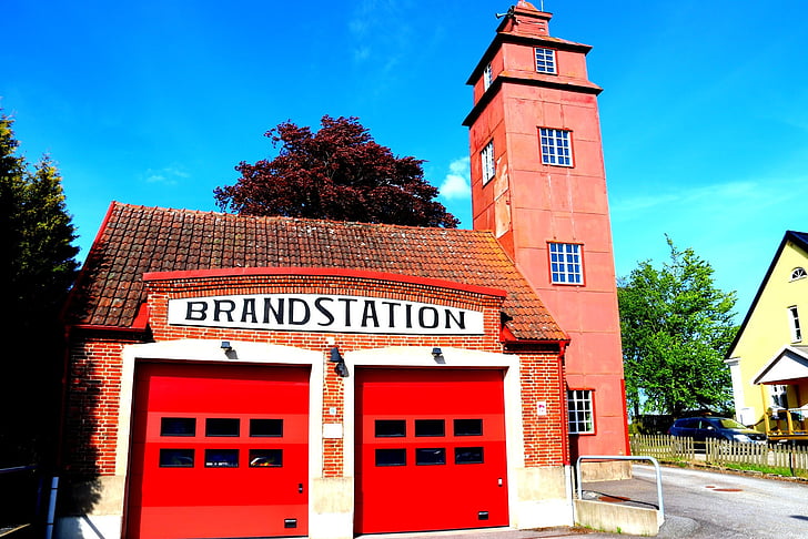 fire station, vollsjö, red, old-fashioned