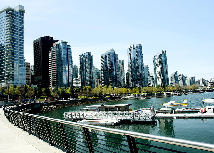 Vancouver, hamnen, båtar, staden, vatten, stadsbild, arkitektur