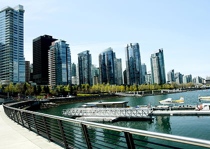 Vancouver, kikötő, csónakok, város, víz, utca-és városrészlet, építészet