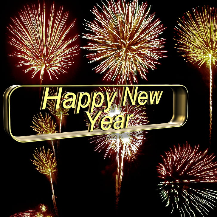 cartão de felicitações, Feliz Ano Novo, fogos de artifício, virada do ano, ouro, purpurina, festivo