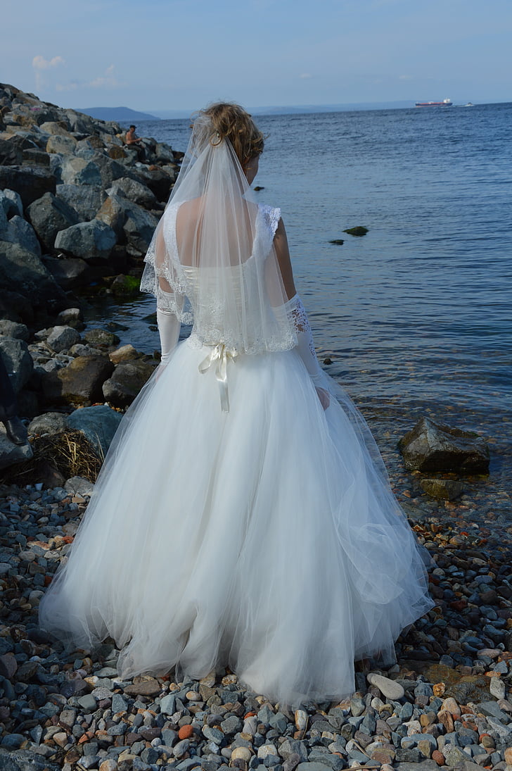 núvia, vestit blanc, Assol, Mar, natura, casament, platja