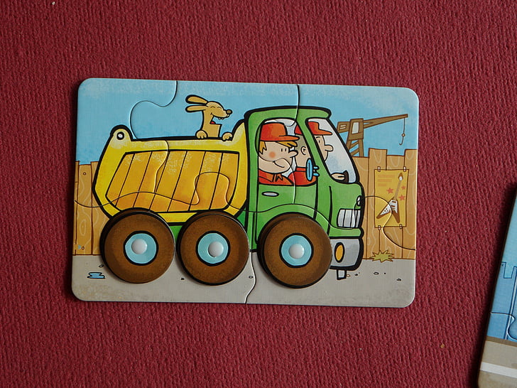 puzzle, child, children, vehicle, truck, toys, small child
