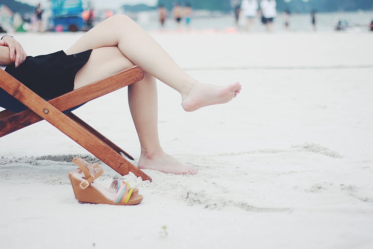 woman, sitting, lounge, white, beach, sand, wedges