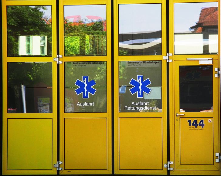 doors, yellow, glass, mirroring, gate, window reflection