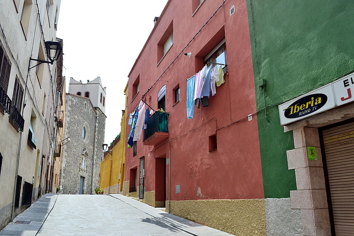 Street, linen, rumah berwarna-warni, Windows mencuci, rumah tua, desa Spanyol, Costa brava