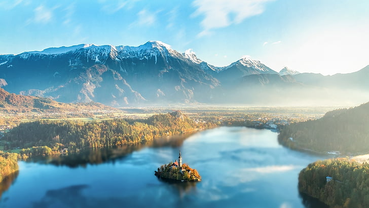 Bled, Słowenia, Jezioro, góry, góry, mgła, Słońce