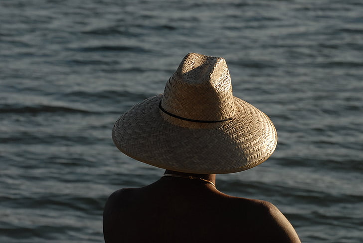 chapéu de palha, homem, mar, luz do sol, pôr do sol, férias, Verão