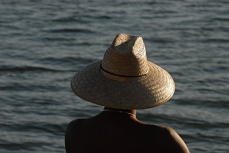 cappello di paglia, uomo, mare, luce del sole, tramonto, Vacanze, estate