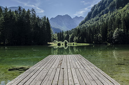 adventure, dock, forest, lake, landscape, mountains, nature