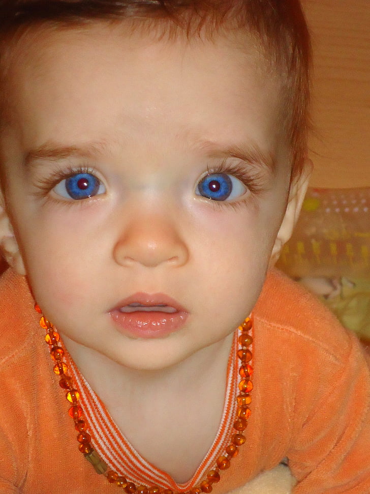 Baby, ansikt, blå øyne, barn, gutt, Amber, gult halskjede